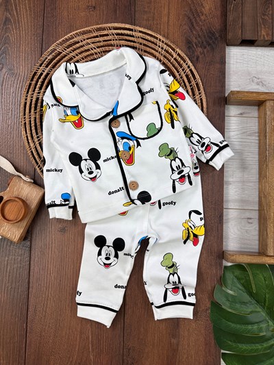 Mickey&Friends Baskılı Kruvaze Yaka Önden Düğmeli  Mevsimlik Pijama Takımı