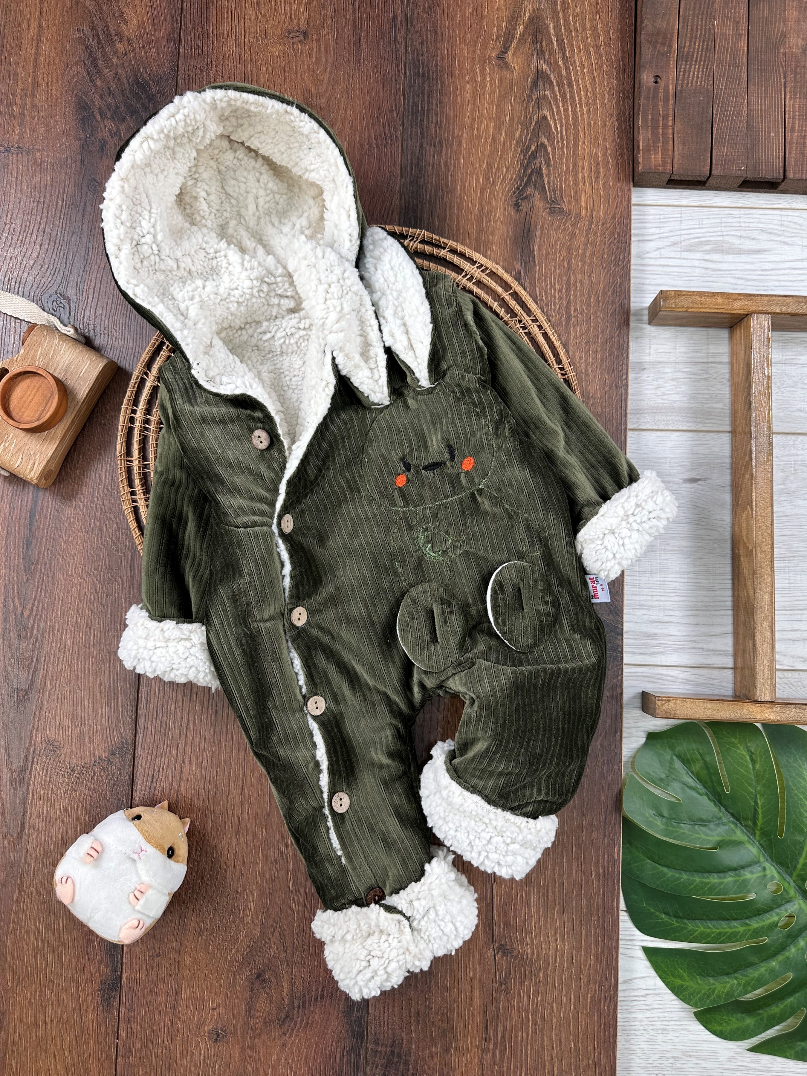 Kadife İçi Wellsoft Kürklü Düğmeli Kışlık Tulum - HAKİ YEŞİL