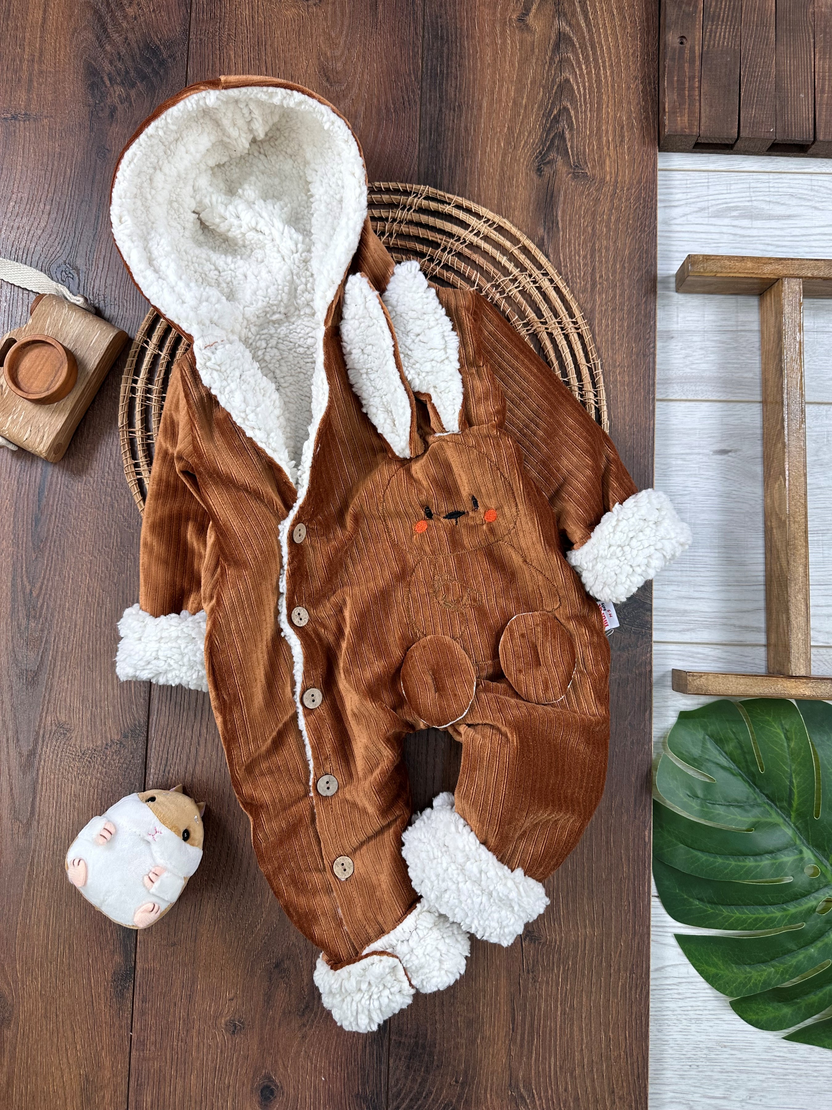 Kadife İçi Wellsoft Kürklü Düğmeli Kışlık Tulum - TABA