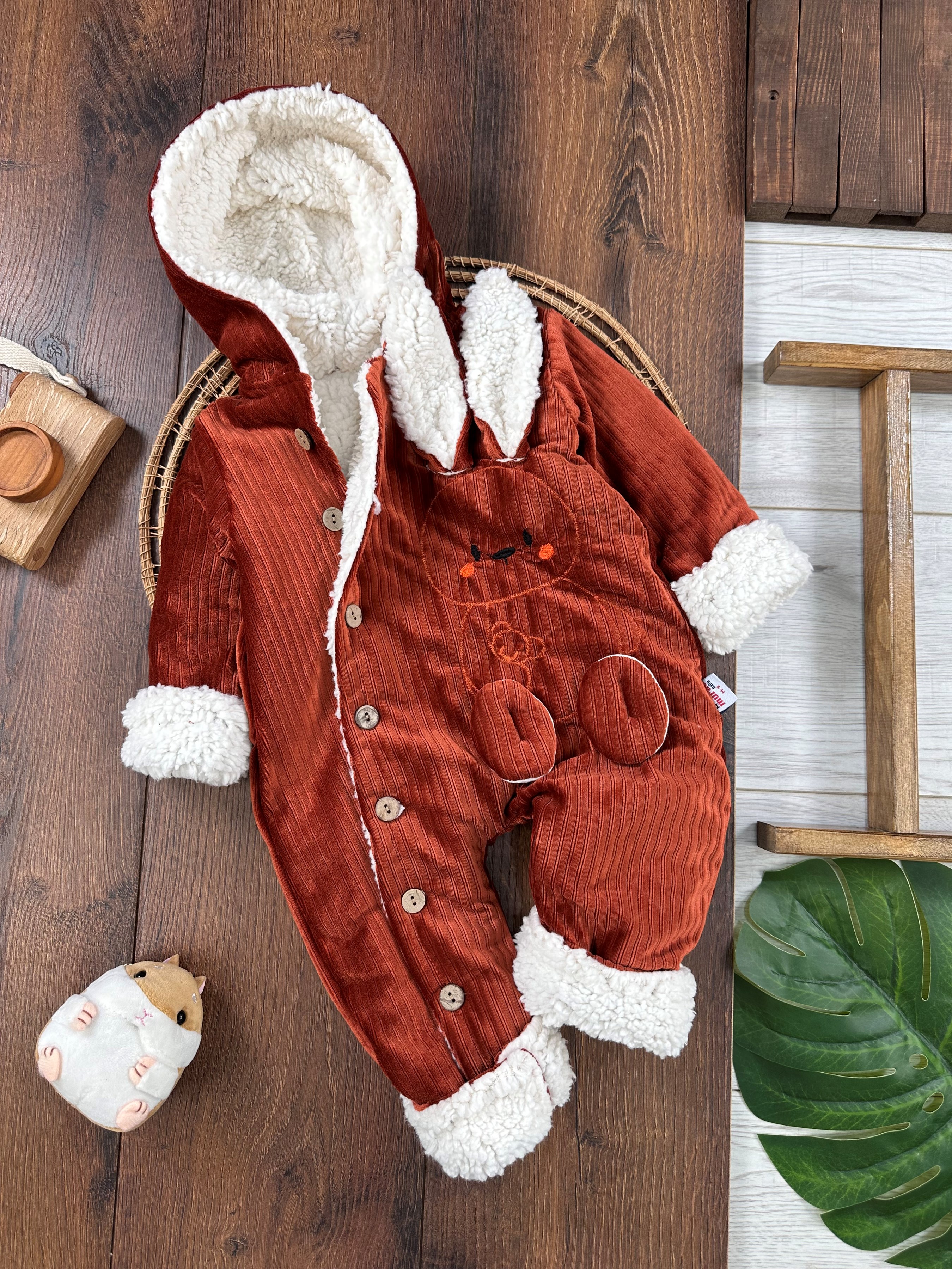 Kadife İçi Wellsoft Kürklü Düğmeli Kışlık Tulum - KİREMİT