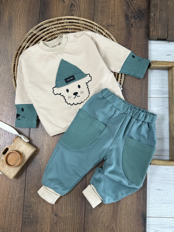 %100 Pamuk Oversize Just Smile Kol ve Cep Detaylı Omuzdan Çıtçıtlı Erkek Bebek Takım