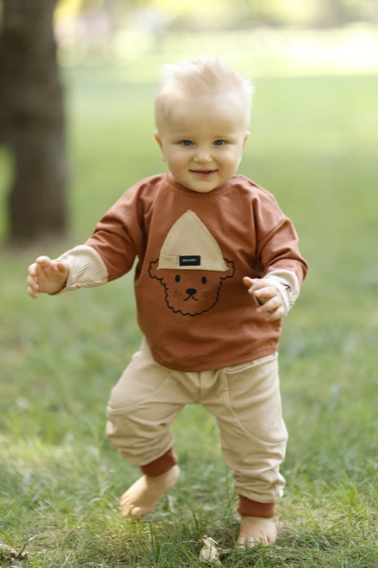 %100 Pamuk Oversize Just Smile Kol ve Cep Detaylı Omuzdan Çıtçıtlı Erkek Bebek Takım
