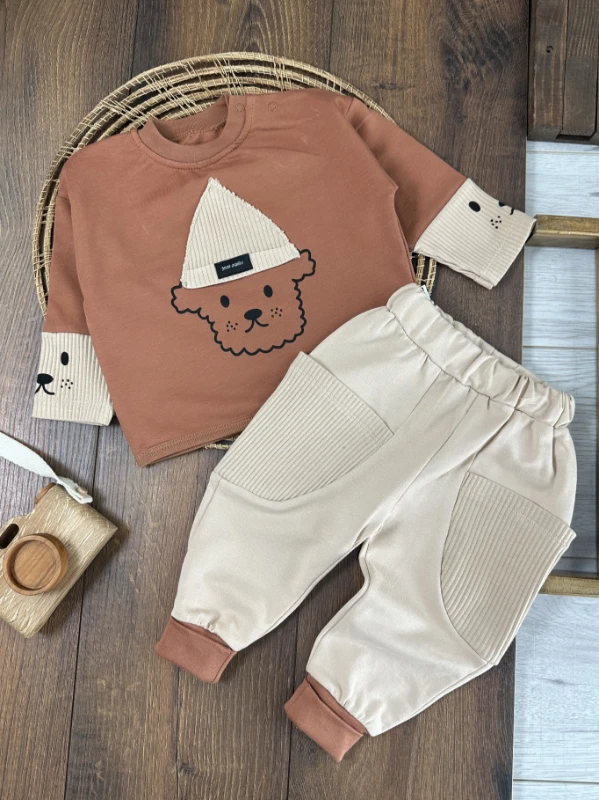 %100 Pamuk Oversize Just Smile Kol ve Cep Detaylı Omuzdan Çıtçıtlı Erkek Bebek Takım