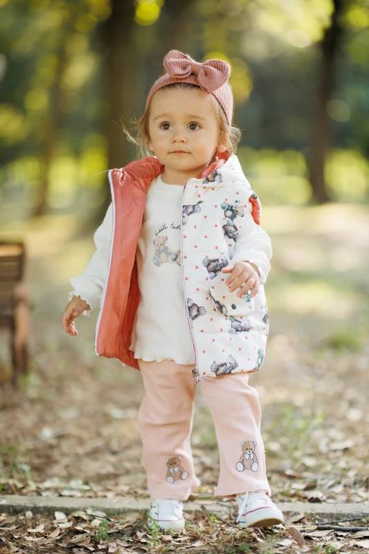 Yelekli Kapüşonlu Bear Puantiyeli  Mevsimlik 3lü Kız Bebek Takım