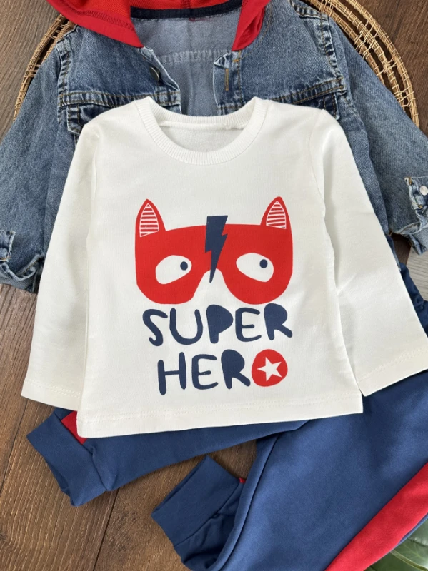 Hero Kapüşonlu Kot Ceket 3lü Erkek Bebek Takım
