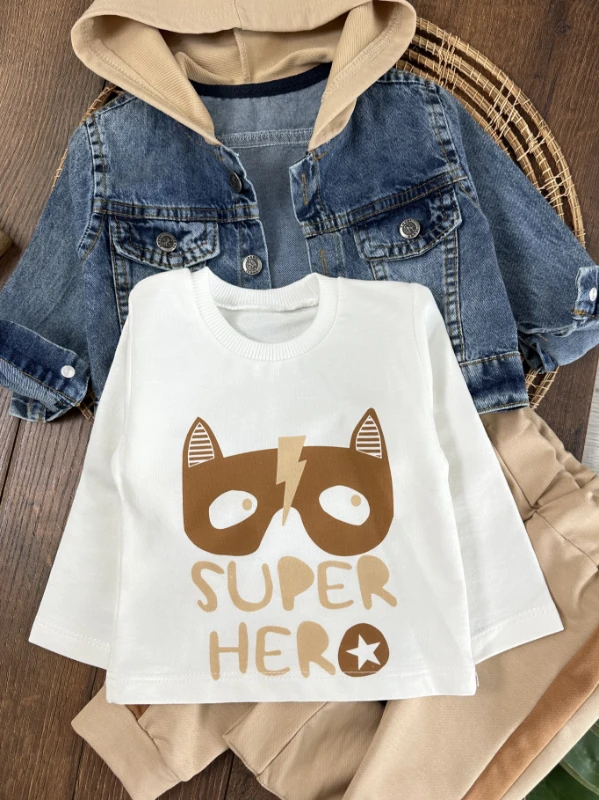 Hero Kapüşonlu Kot Ceket 3lü Erkek Bebek Takım