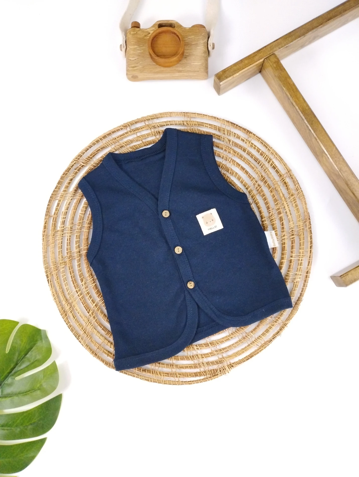 %100 Pamuk Düğmeli Unisex Kolsuz Bebek Yelek - LACİVERT