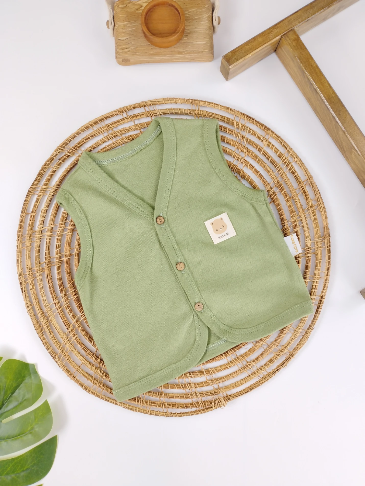 %100 Pamuk Düğmeli Unisex Kolsuz Bebek Yelek - YEŞİL