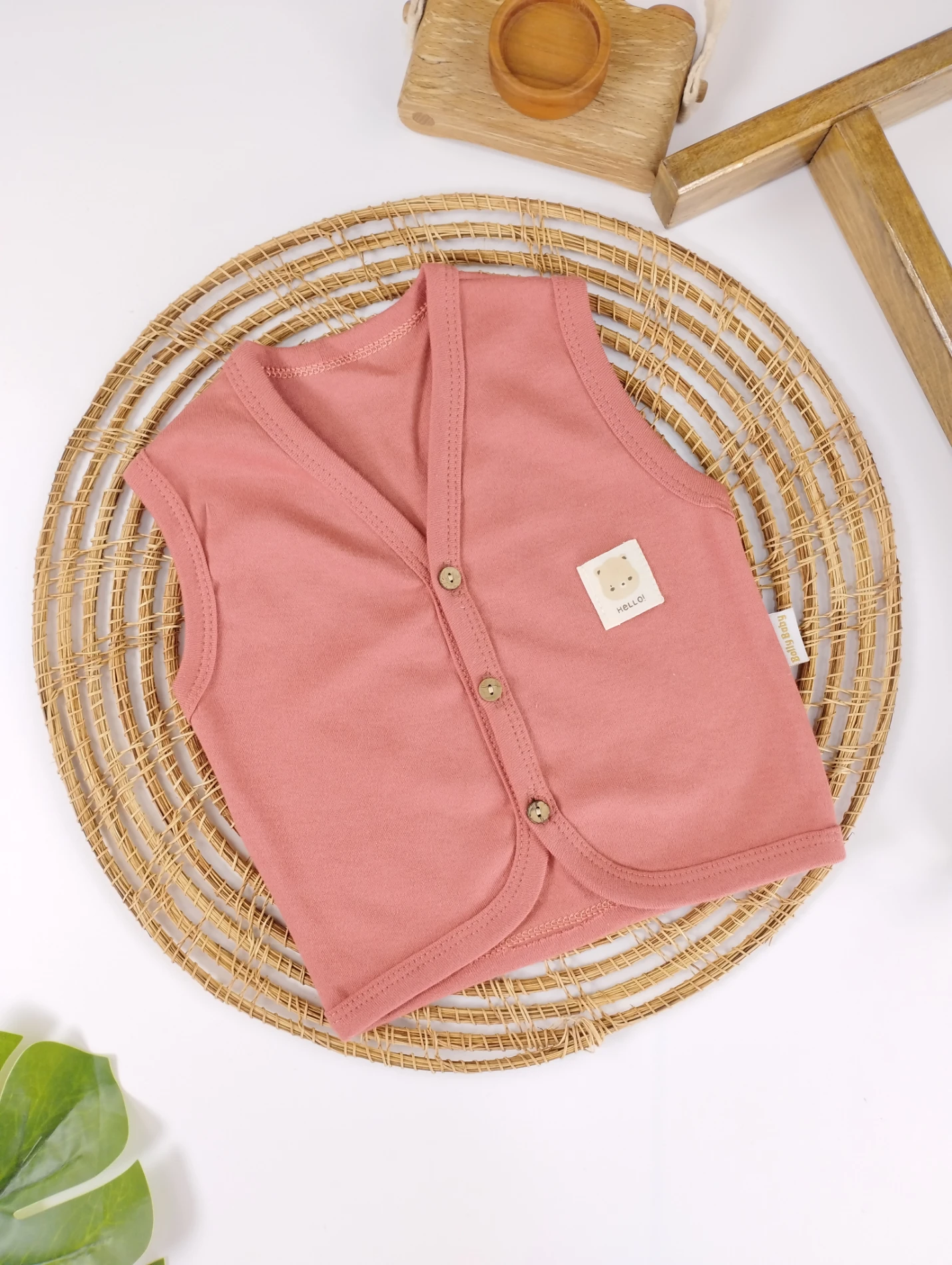 %100 Pamuk Düğmeli Unisex Kolsuz Bebek Yelek - KİREMİT