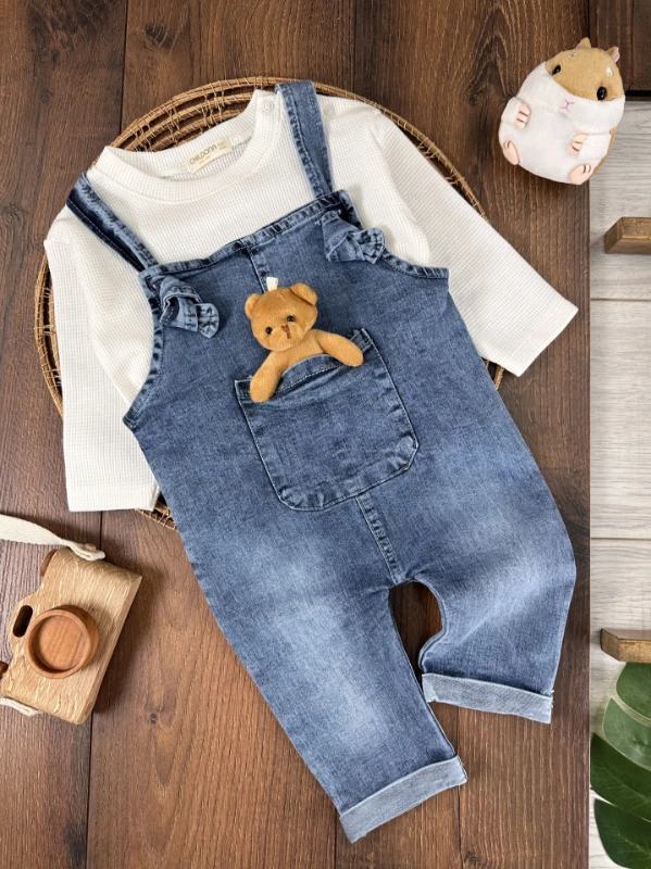 Likralı Ayıcık Oyuncaklı Waffle Sweatshirt Salopet Kot Erkek Bebek Takım