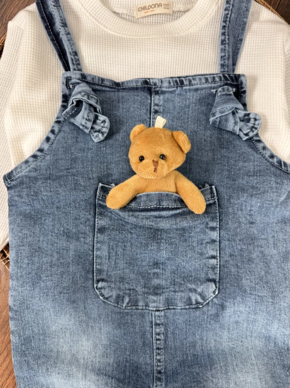 Likralı Ayıcık Oyuncaklı Waffle Sweatshirt Salopet Kot Erkek Bebek Takım