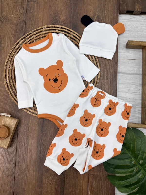 %100 Pamuk Winnie The Pooh Fiyonk Detaylı Bereli  Alttan Çıtçıtlı 3lü Erkek Bebek Takım