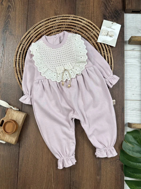 Amelia Tokalı Güpür Detaylı Alttan Çıtçıtlı Kız Bebek Tulum