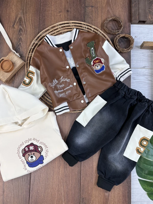 Deri Kolej Ceket Kapşonlu Sweatshirt Likralı Kot Pantolon 3lü Erkek Bebek Takım