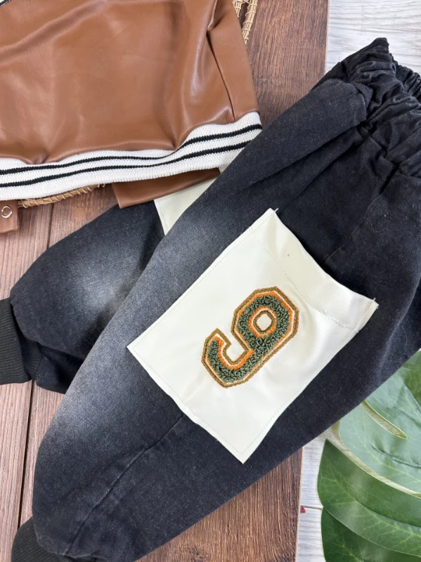 Deri Kolej Ceket Kapşonlu Sweatshirt Likralı Kot Pantolon 3lü Erkek Bebek Takım