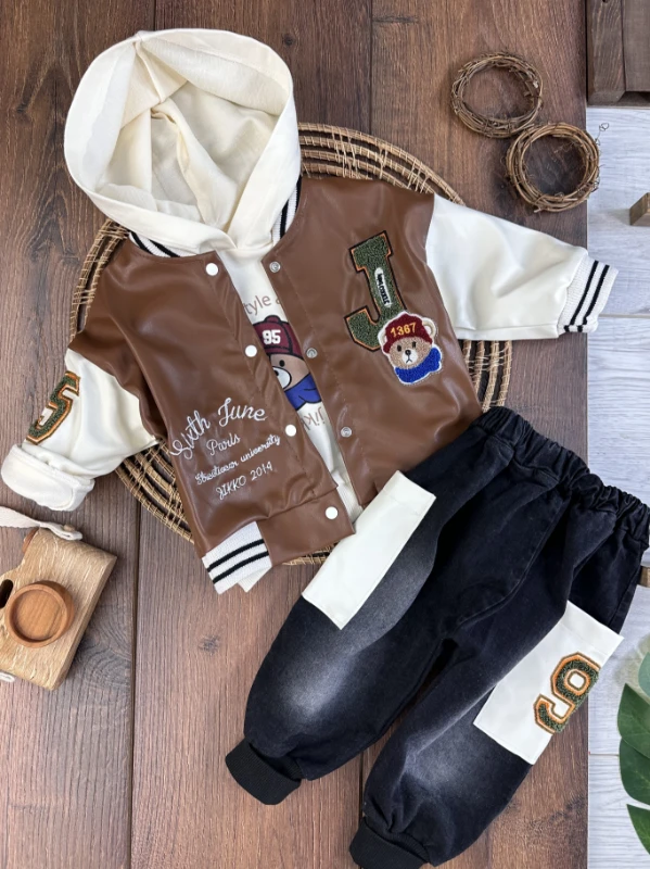 Deri Kolej Ceket Kapşonlu Sweatshirt Likralı Kot Pantolon 3lü Erkek Bebek Takım