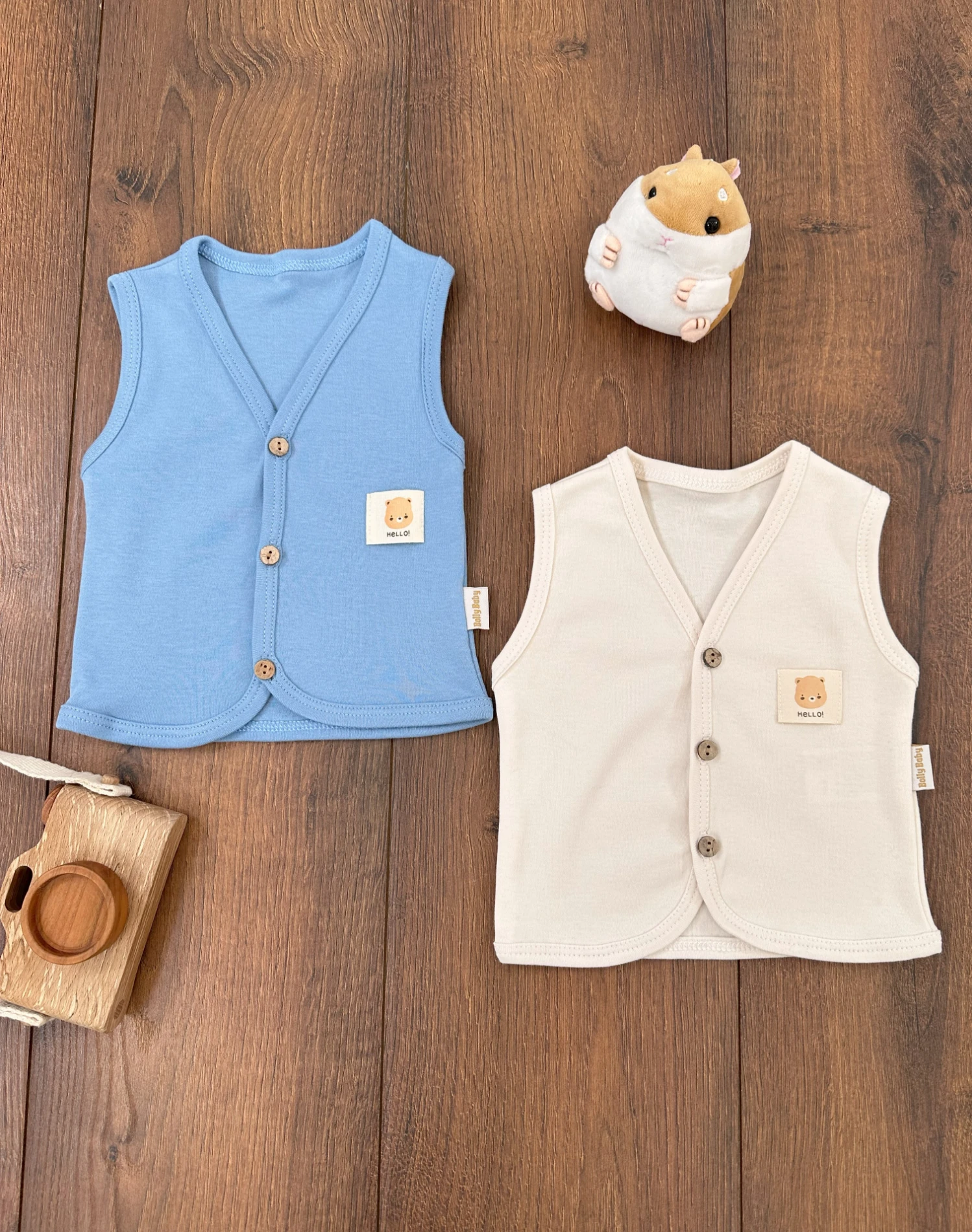 Bebek Yelek 2li Set %100 Organik Pamuk Yumuşak Doku Mevsimlik Unisex Yelek  - KREM-MAVİ