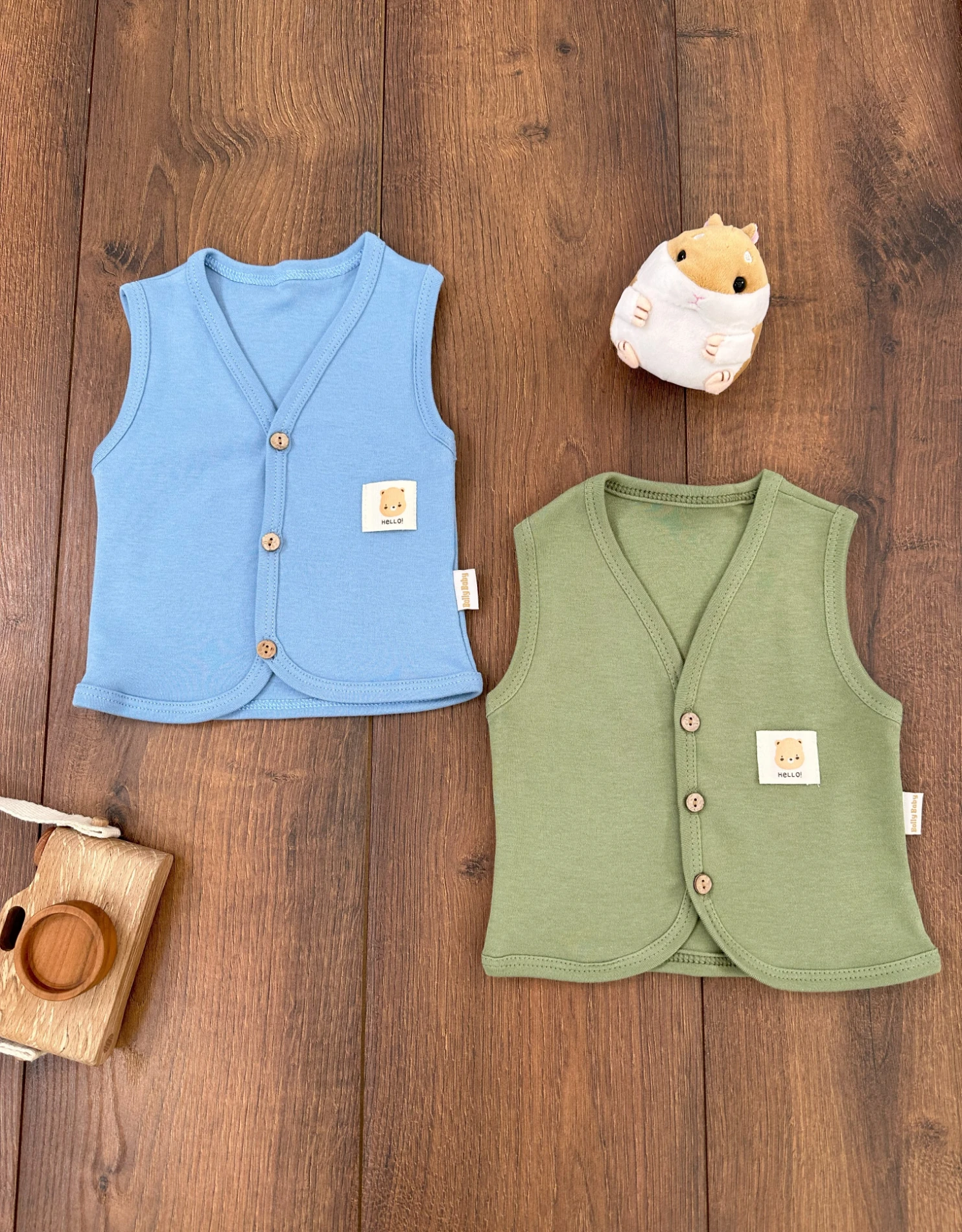 Bebek Yelek 2li Set %100 Organik Pamuk Yumuşak Doku Mevsimlik Unisex Yelek  - MAVİ-YEŞİL