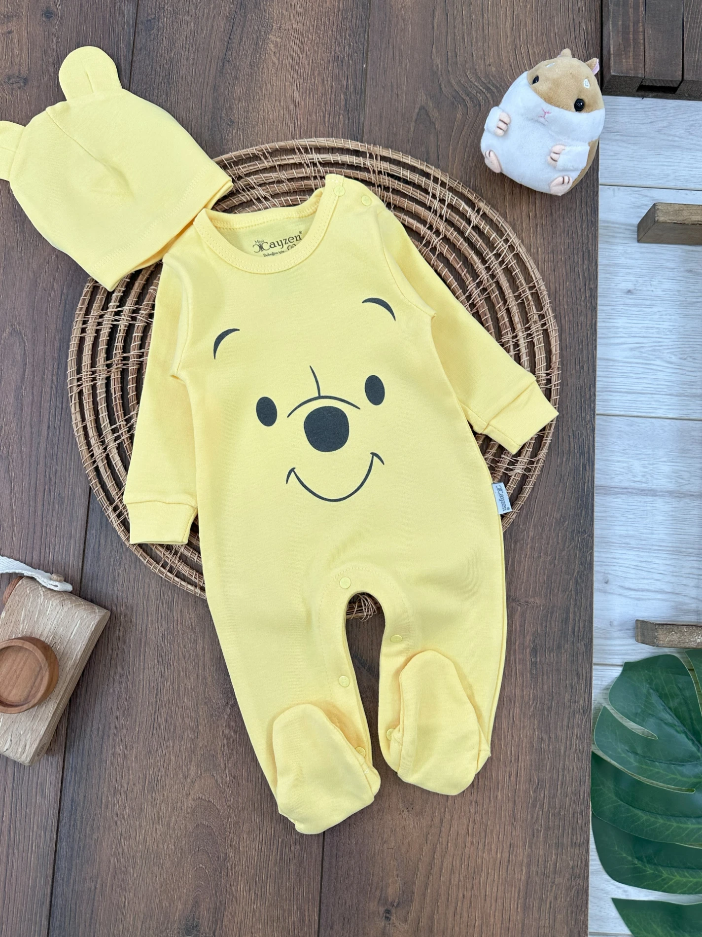 Organik Pamuk Ayıcık Baskılı  Çıtçıtlı Şapkalı Erkek Bebek Tulum