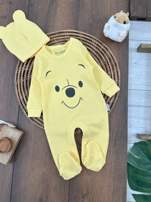 Organik Pamuk Ayıcık Baskılı  Çıtçıtlı Şapkalı Erkek Bebek Tulum