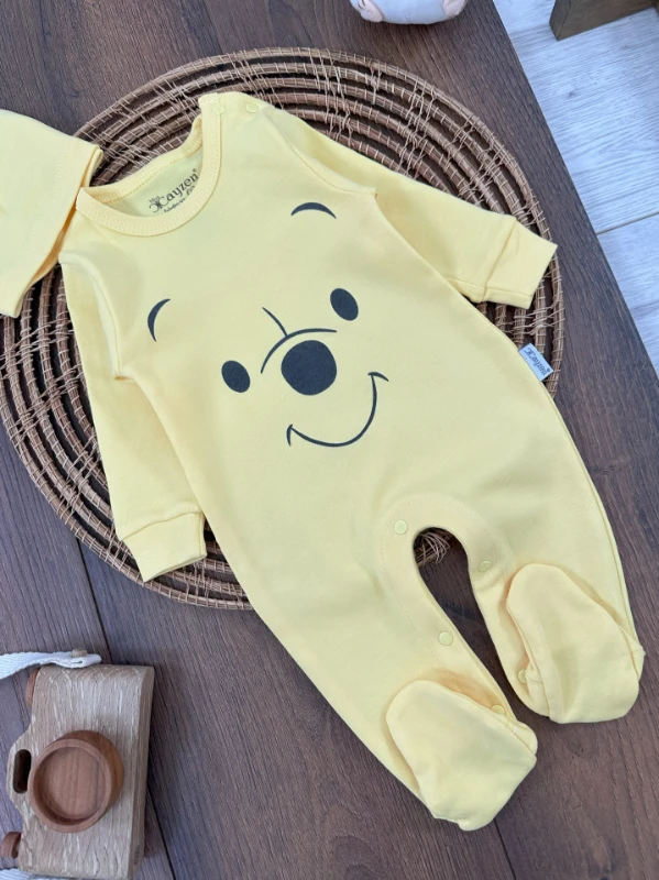 Organik Pamuk Ayıcık Baskılı  Çıtçıtlı Şapkalı Erkek Bebek Tulum
