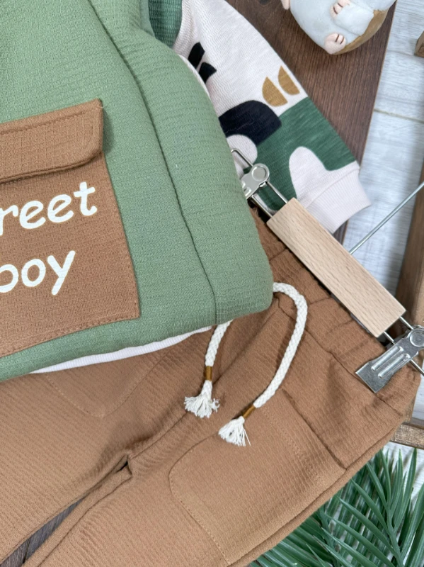Şişme Yelek Kapüşonlu Fermuarlı Etnik Desen Sweatshirt Cep Detaylı Pantolon 3lü Erkek Bebek Takım