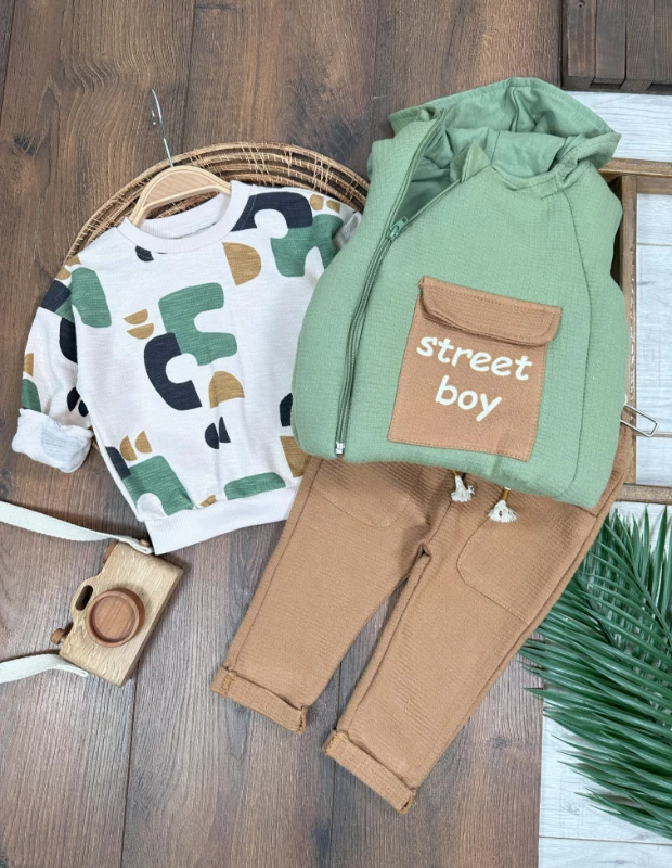 Şişme Yelek Kapüşonlu Fermuarlı Etnik Desen Sweatshirt Cep Detaylı Pantolon 3lü Erkek Bebek Takım