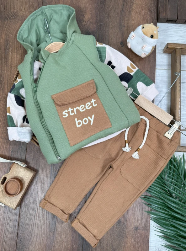 Şişme Yelek Kapüşonlu Fermuarlı Etnik Desen Sweatshirt Cep Detaylı Pantolon 3lü Erkek Bebek Takım