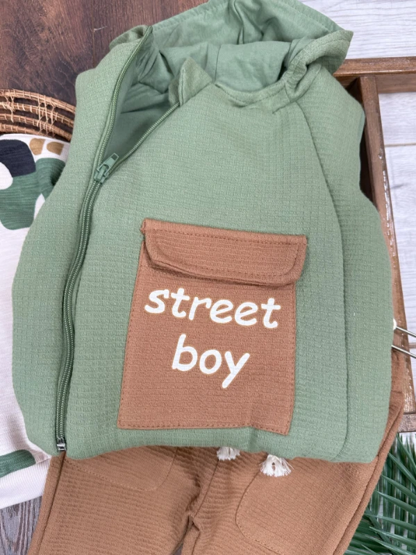 Şişme Yelek Kapüşonlu Fermuarlı Etnik Desen Sweatshirt Cep Detaylı Pantolon 3lü Erkek Bebek Takım