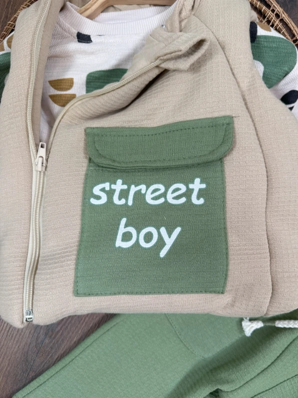 Şişme Yelek Kapüşonlu Fermuarlı Etnik Desen Sweatshirt Cep Detaylı Pantolon 3lü Erkek Bebek Takım