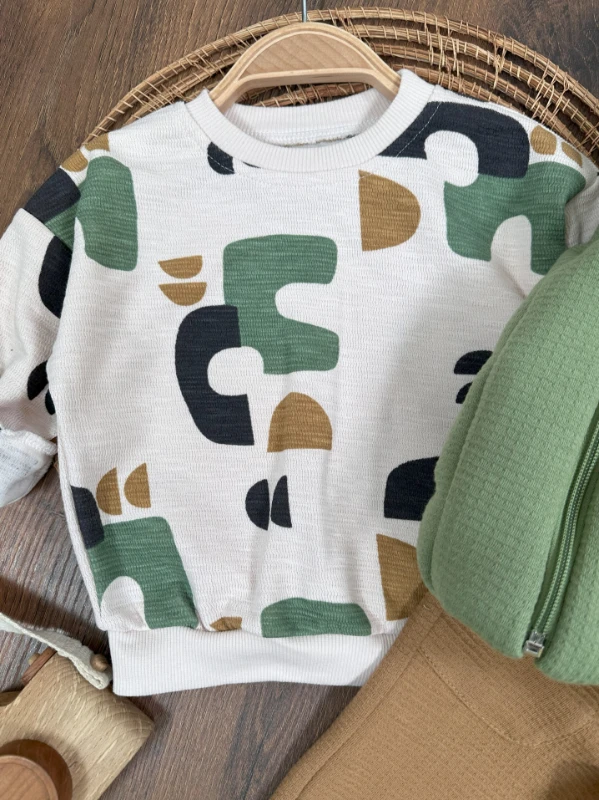 Şişme Yelek Kapüşonlu Fermuarlı Etnik Desen Sweatshirt Cep Detaylı Pantolon 3lü Erkek Bebek Takım