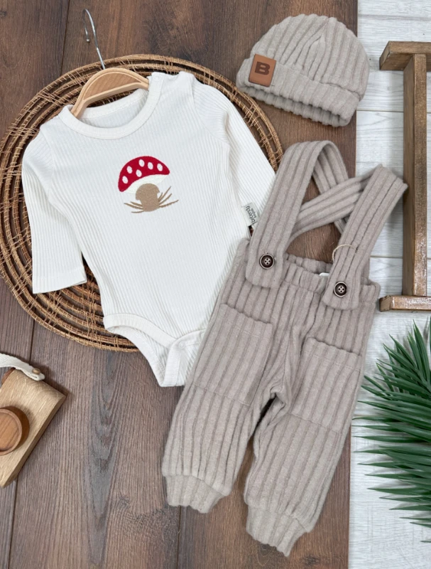 Salopet Bereli Mantar Nakışlı Alttan Çıtçıtlı Badi 3lü Unisex Bebek Takım