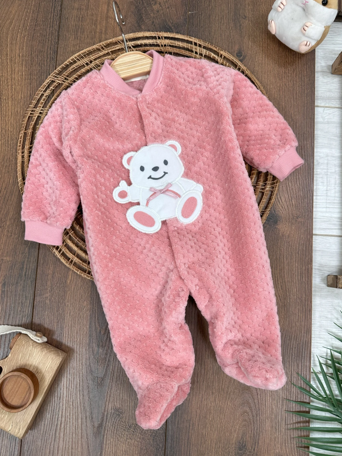 Peluş Ayıcık Nakışlı Patikli Çıtçıtlı Kışlık Kız Bebek Tulum