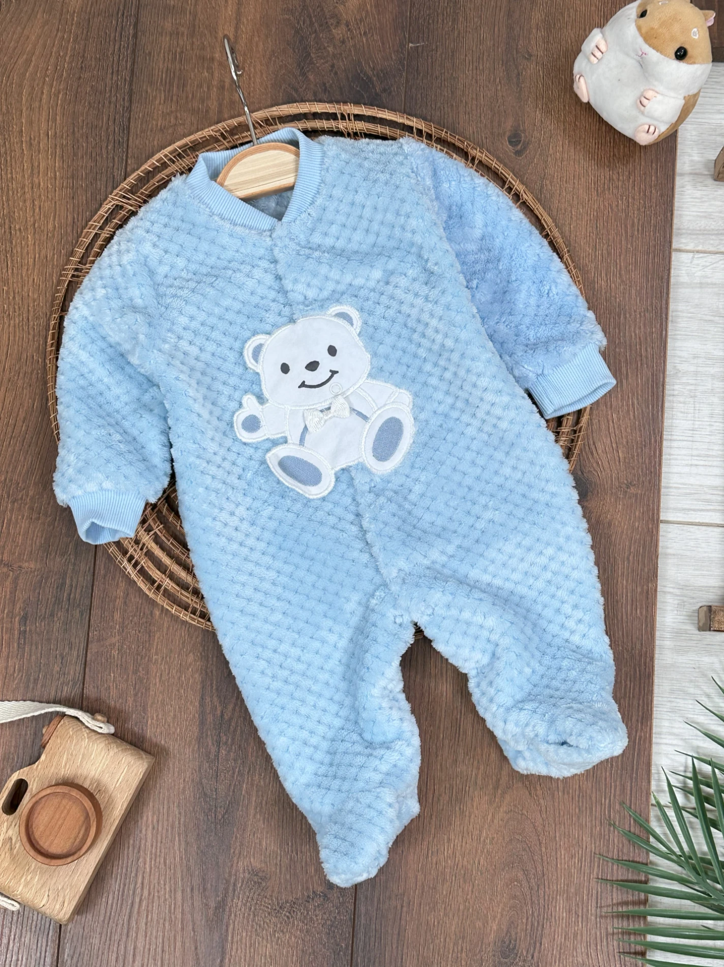 Peluş Ayıcık Nakışlı Patikli Çıtçıtlı Kışlık Erkek Bebek Tulum