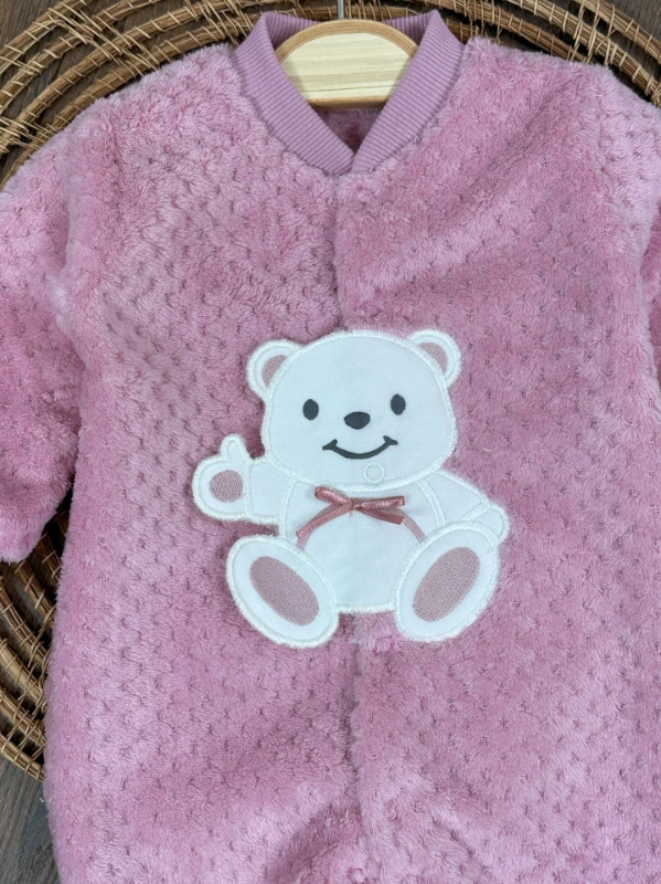 Peluş Ayıcık Nakışlı Patikli Çıtçıtlı Kışlık Kız Bebek Tulum