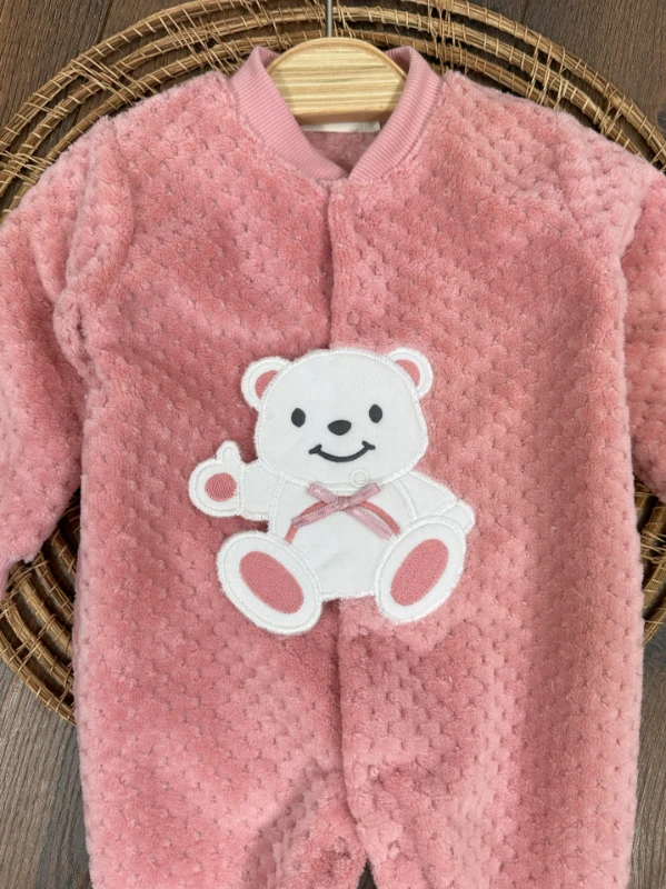 Peluş Ayıcık Nakışlı Patikli Çıtçıtlı Kışlık Kız Bebek Tulum