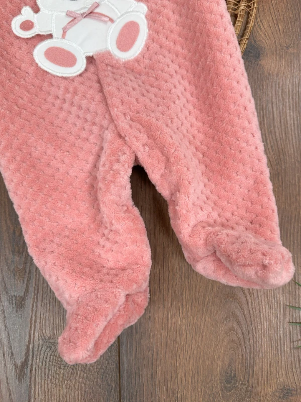 Peluş Ayıcık Nakışlı Patikli Çıtçıtlı Kışlık Kız Bebek Tulum