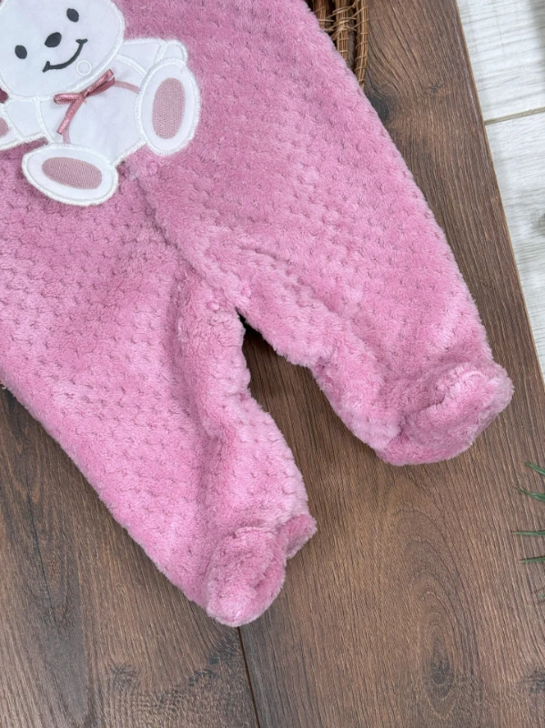 Peluş Ayıcık Nakışlı Patikli Çıtçıtlı Kışlık Kız Bebek Tulum
