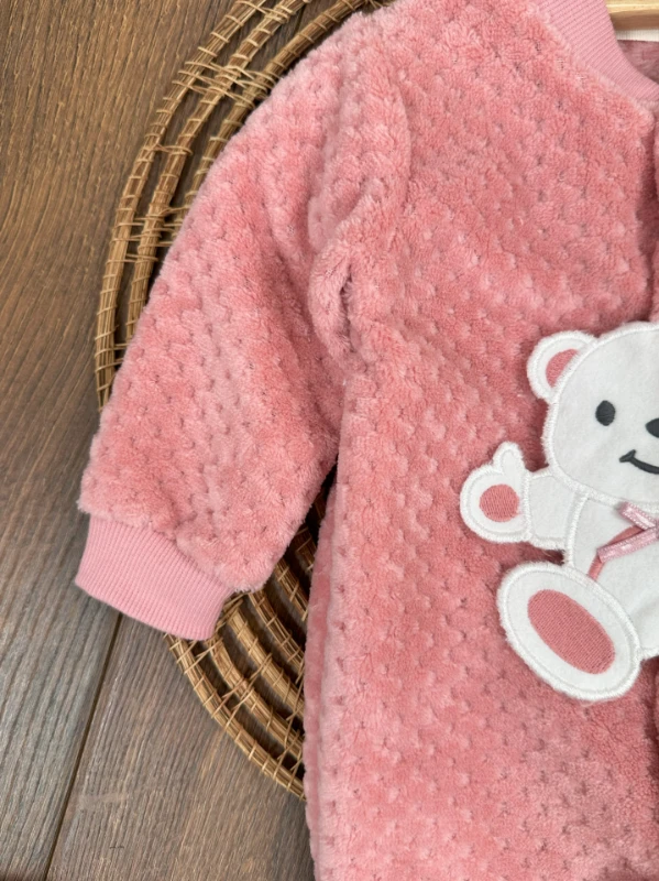 Peluş Ayıcık Nakışlı Patikli Çıtçıtlı Kışlık Kız Bebek Tulum