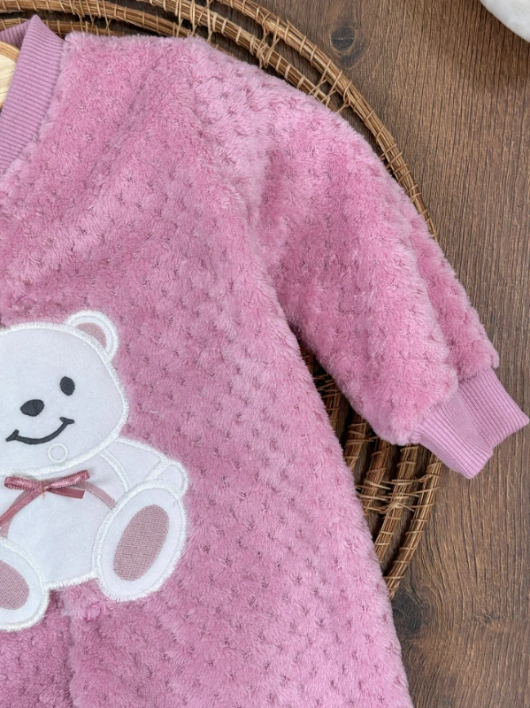 Peluş Ayıcık Nakışlı Patikli Çıtçıtlı Kışlık Kız Bebek Tulum