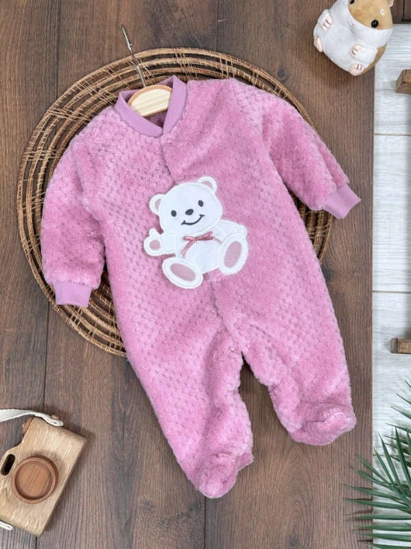 Peluş Ayıcık Nakışlı Patikli Çıtçıtlı Kışlık Kız Bebek Tulum