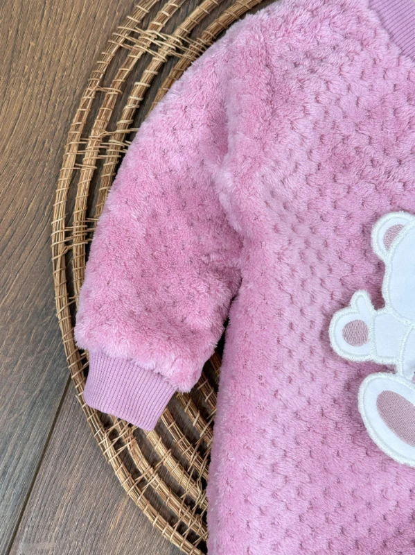 Peluş Ayıcık Nakışlı Patikli Çıtçıtlı Kışlık Kız Bebek Tulum