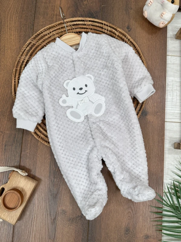 Peluş Ayıcık Nakışlı Patikli Çıtçıtlı Kışlık Erkek Bebek Tulum
