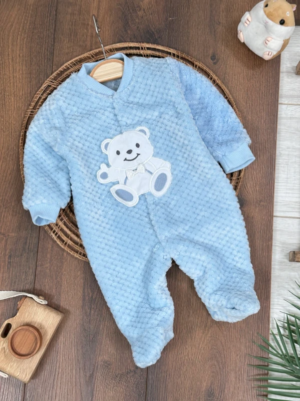 Peluş Ayıcık Nakışlı Patikli Çıtçıtlı Kışlık Erkek Bebek Tulum
