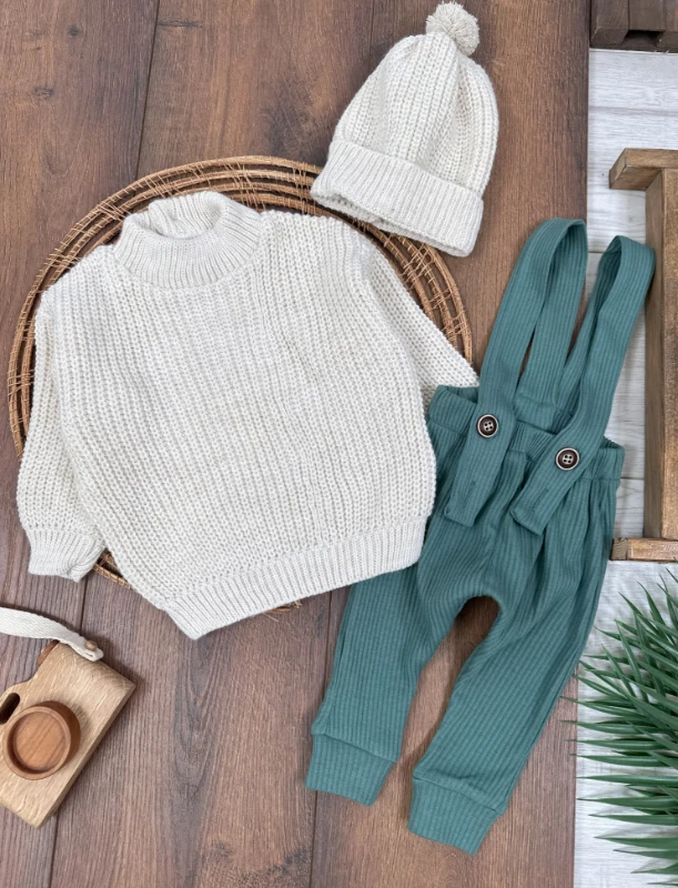 Oversize Triko Kazak Kaşkorse Esnek Salopet Bereli Unisex Salopet Bebek Takım