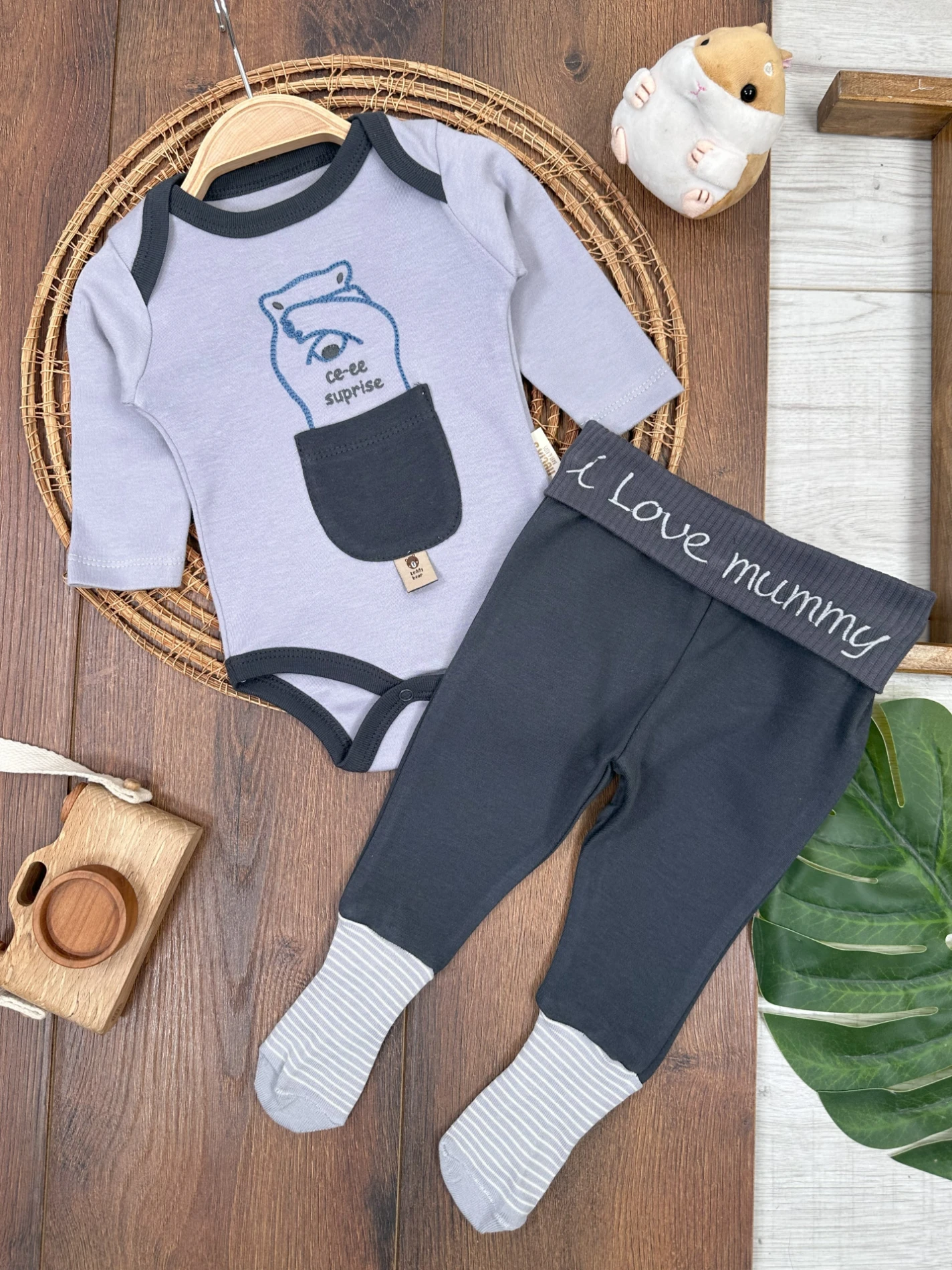 Ayıcık Nakışlı Çoraplı Alttan Çıtçıtlı Erkek Bebek Takım - GRİ
