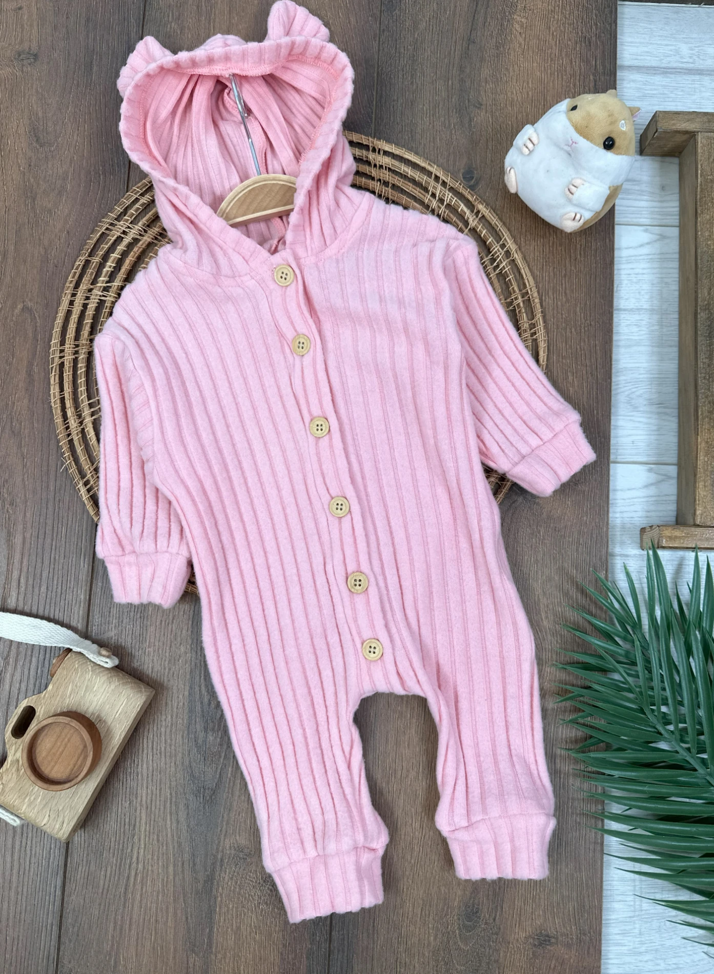 Kapüşonlu Düğmeli Kışlık Kız Bebek Tulum - PEMBE