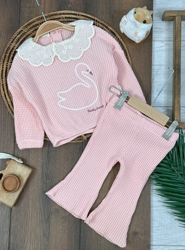 Kuğu Nakışlı Yaka Güpürlü Kız Bebek Takım