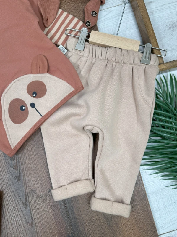 Ayıcık Baskılı Şeritli Kol Detaylı Kulaklı Bere Oversize 3lü Erkek Bebek Takım