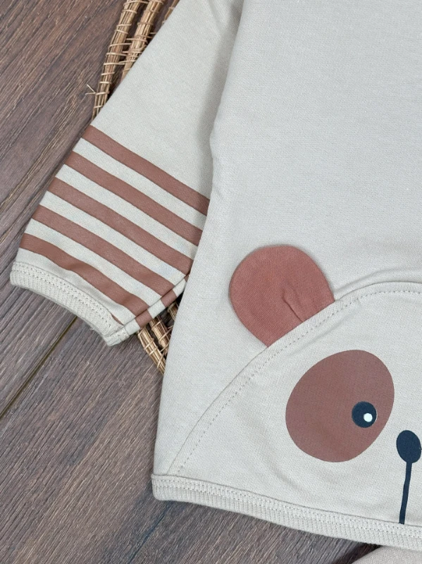 Ayıcık Baskılı Şeritli Kol Detaylı Kulaklı Bere Oversize 3lü Erkek Bebek Takım